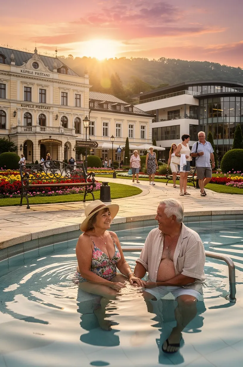 Relaxujúci hosť vychutnávajúci si termálnu vodu v modernom kúpeľnom centre s výhľadom na okolitú prírodu.